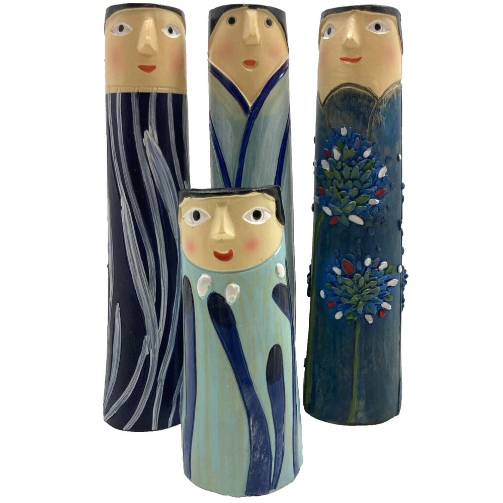 Unique 4 Collectible Family Spring Bud Vase Boho Design Blue Green‎ Hand Painted